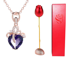 Valentines Day Gift Heart Shaped Blue Purple Crystal Diamond Pendant Rose Head Necklace