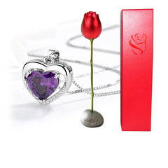 Valentines Day Gift Heart Shaped Blue Purple Crystal Diamond Pendant Rose Head Necklace